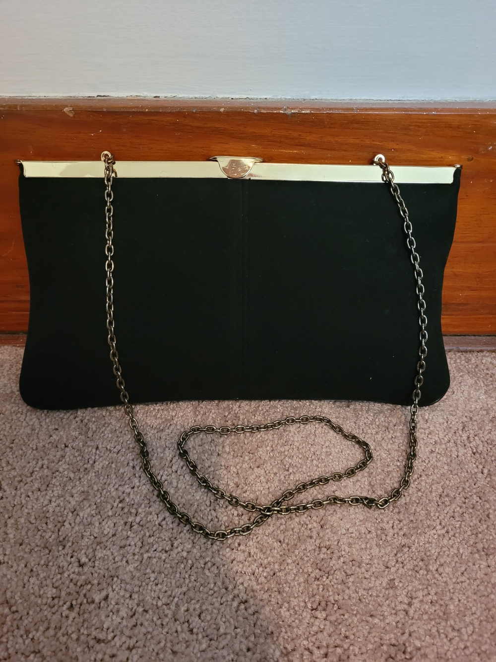Vintage Suede Black Clutch with Gold Chain Strap